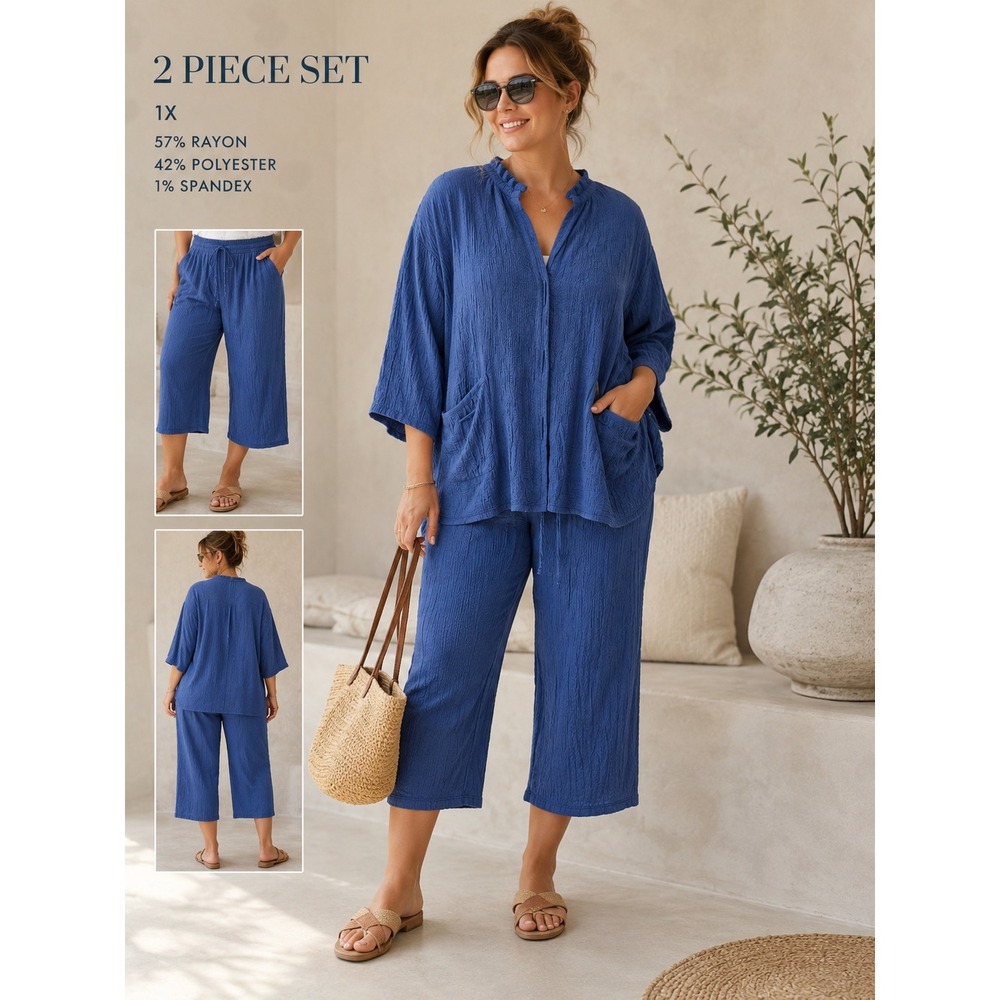 Norm Thompson Blue Crinkle 2 Piece Set Ruffle Top Cropped Pants Plus Size 1X